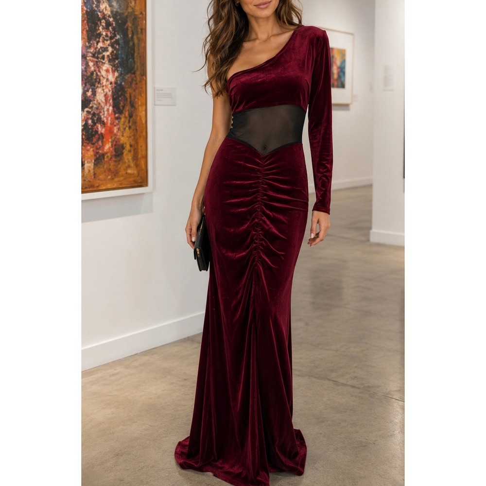 Long Dress Woman Velvet Siren One Shoulder Off Long sleeve Red Black Patchwork